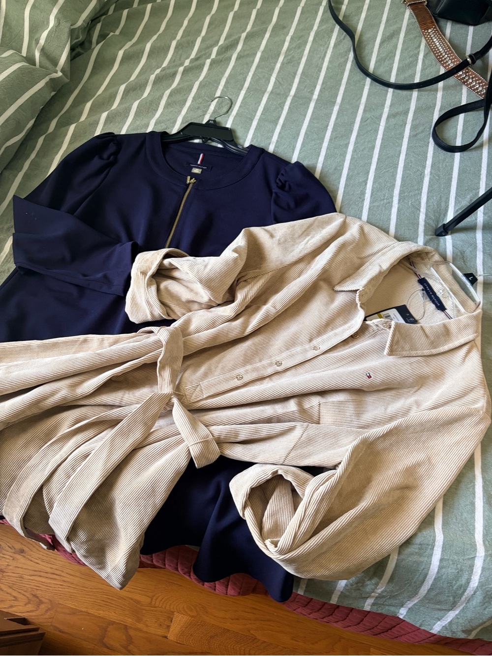 Tommy Hilfiger Beige Corduroy Tie-Waist navy blue dress